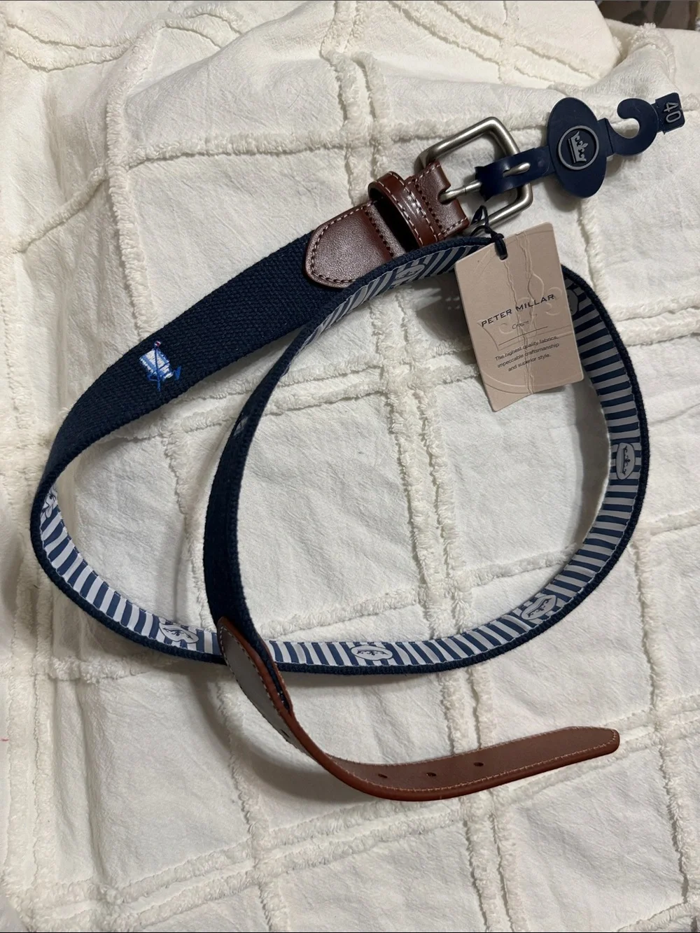 Peter Millar Navy and Brown Woven Belt with Leather Trim